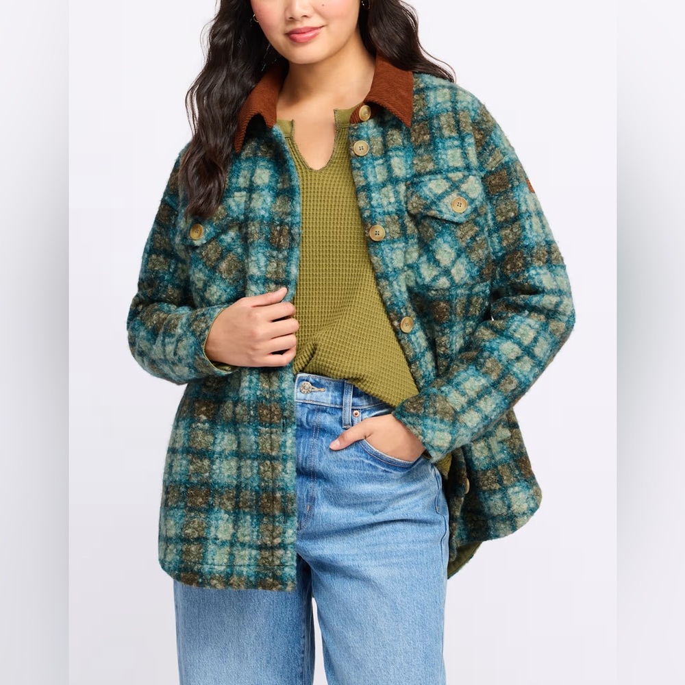 Plaid Button-Up Jacket with Brown Collar